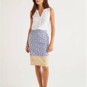 NWT Boden Gabriella Pencil Skirt Blue White Sun Tile Pattern Pockets Stretch